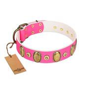 "Drawing Power" FDT Artisan Pink Leather dog Collar with Engraved Ovals and Dotted Studs